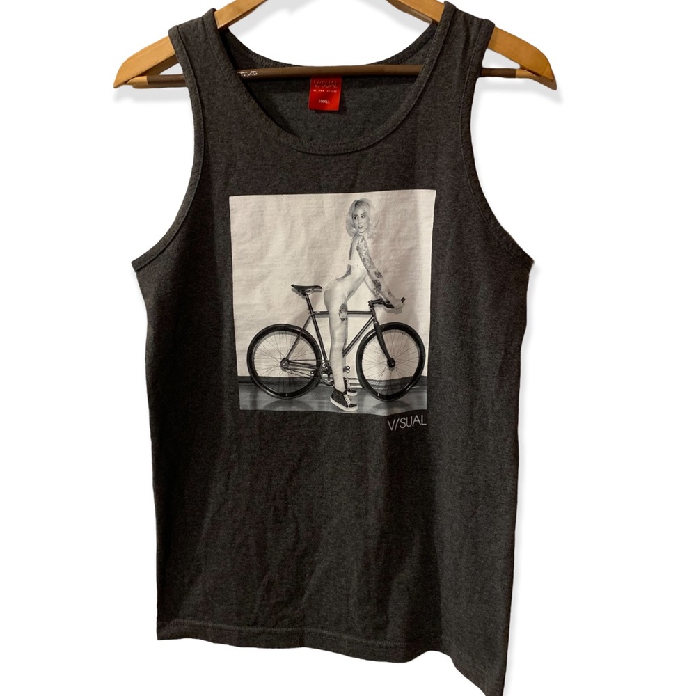 Visual V/SUAL by Van Style Tank Sleeveless Grey Sexy Tattoo Blonde Bicycle sz S